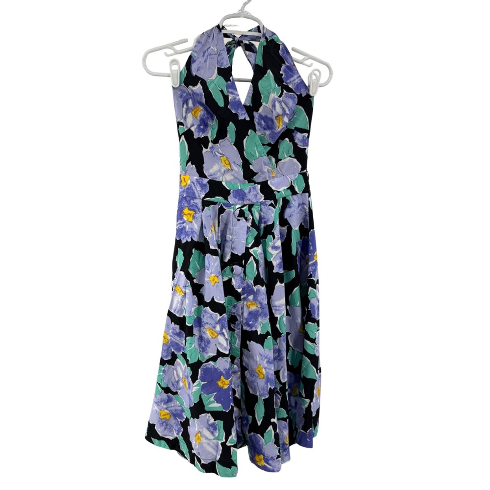 Unique Vintage Black and Blue Floral halter swing Dress 4 pin up 50s costume